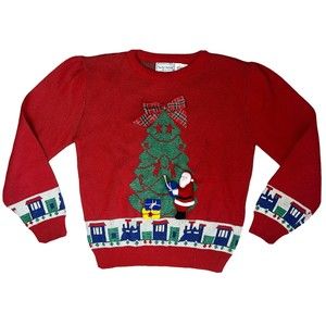 Vintage Christmas Holiday Touchy Subjects Sweater Santa Tree 3D Knit Train Bow
